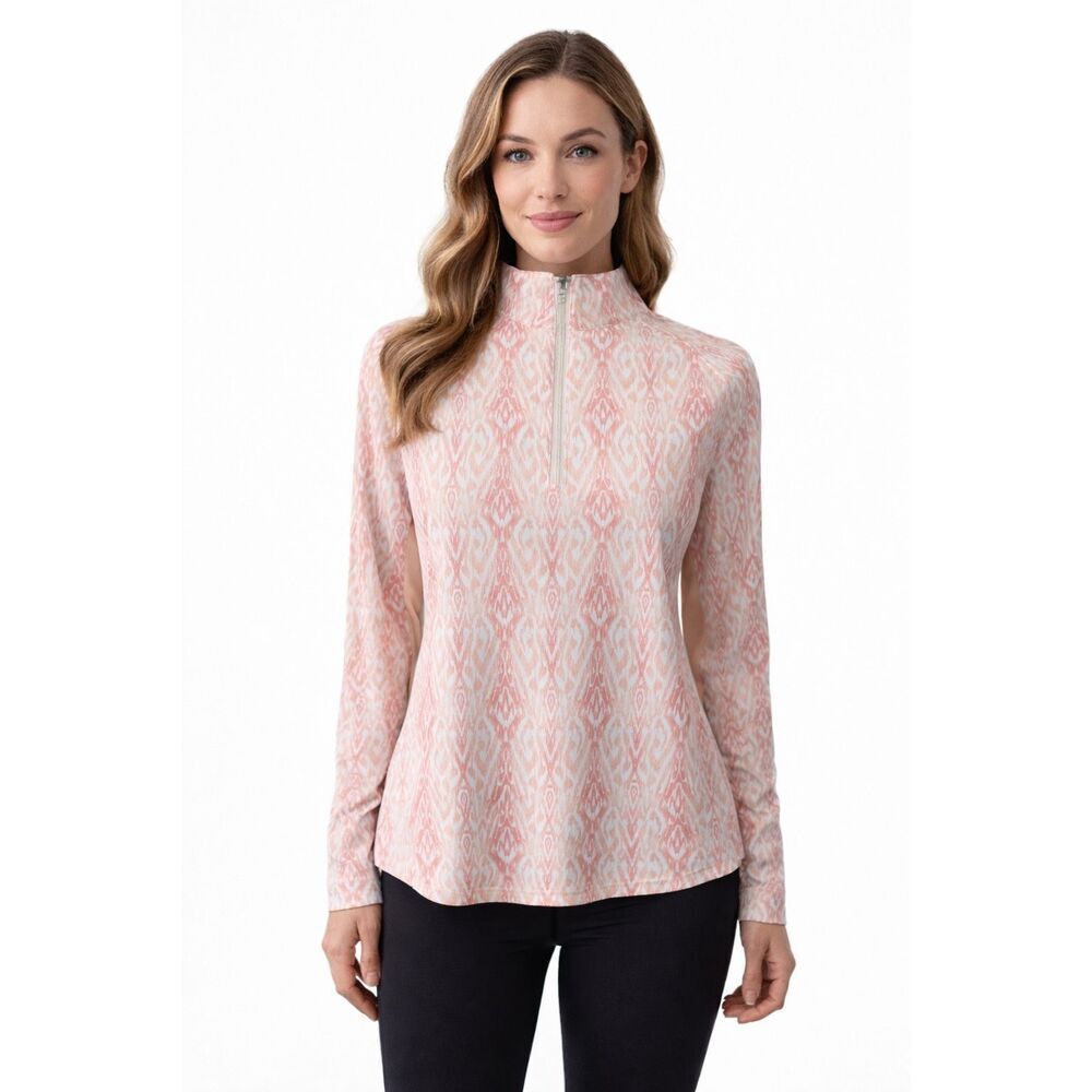 Kastel Denmark Long Sleeve Sun Shirt Athletic Golf Coral Ikat All Over Pink whit